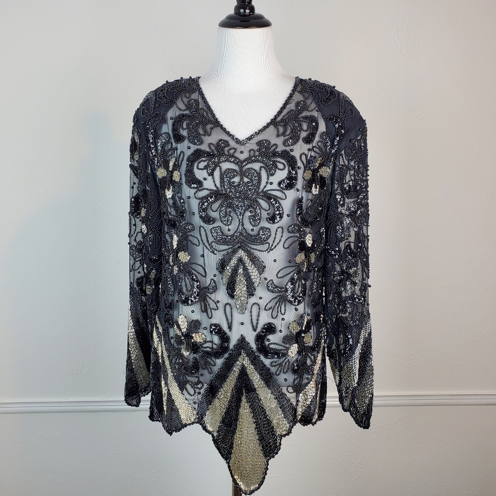 Vintage Beaded Top 80s Art Deco Embellished Dramatic Illusion Mesh Glam Black